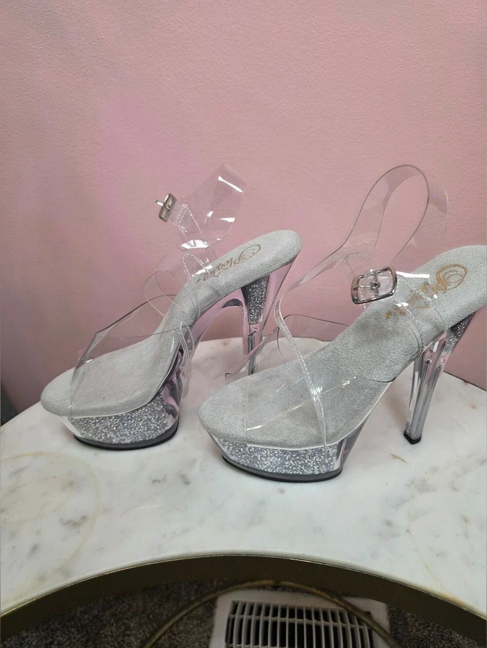 Pleaser Size 8 Clear Silver Glitter Platform Heels